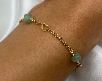 Green Aventurine Crystal Bracelet: Gold Heart, Stainless Steel Chain