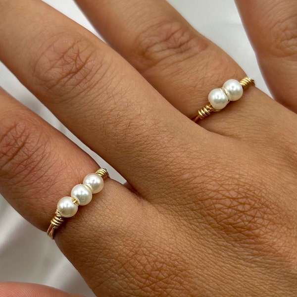 Dainty Pearl Rings Gold Wire Wrapped Bridesmaid Wedding Bridal Gift Friendship Womens Gift for Her Christmas Handmade Ring