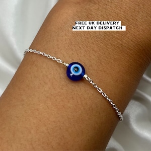 Silver Evil Eye Bracelet, Blue Dainty Eye Bracelet, Handmade Jewellery, Tarnish Resistant, Christmas Gift, Friendship Gift, Hamsa Nazar Eye