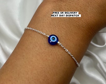 Silver Evil Eye Bracelet, Blue Dainty Eye Bracelet, Handmade Jewellery, Tarnish Resistant, Christmas Gift, Friendship Gift, Hamsa Nazar Eye
