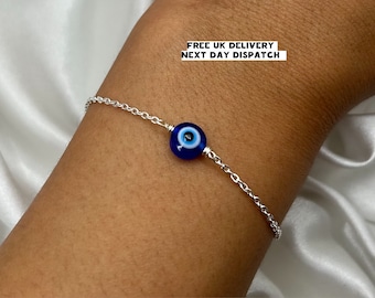 Silver Evil Eye Bracelet, Blue Dainty Eye Bracelet, Handmade Jewellery, Tarnish Resistant, Christmas Gift, Friendship Gift, Hamsa Nazar Eye