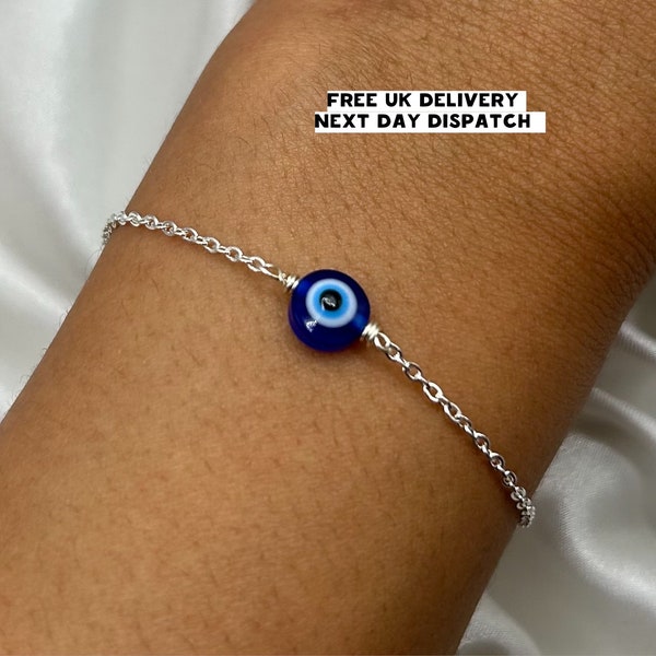 Silver Evil Eye Bracelet, Blue Dainty Eye Bracelet, Handmade Jewellery, Tarnish Resistant, Christmas Gift, Friendship Gift, Hamsa Nazar Eye