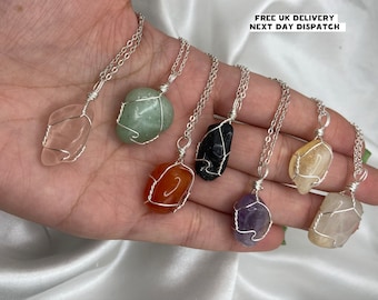 Silver Healing Crystal Necklaces Charm Amethyst Rose Quartz Green Aventurine Citrine Moonstone Carnelian Natural Stone Wire Pendant