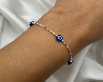 Silver Multiple Evil Eye Bracelet, Blue Dainty Eye Bracelet, Handmade Jewellery, Tarnish Resistant Stainless Steel, Friendship Gift, Nazar