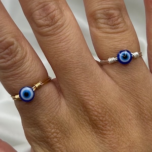 Tiny Evil Eye Ring, Hippie Wire Wrapped Ring, All Seeing Eye, Blue Eye Ring, Silver Gold Evil Eye Jewelry, Nazar Turkish Eye, Boho