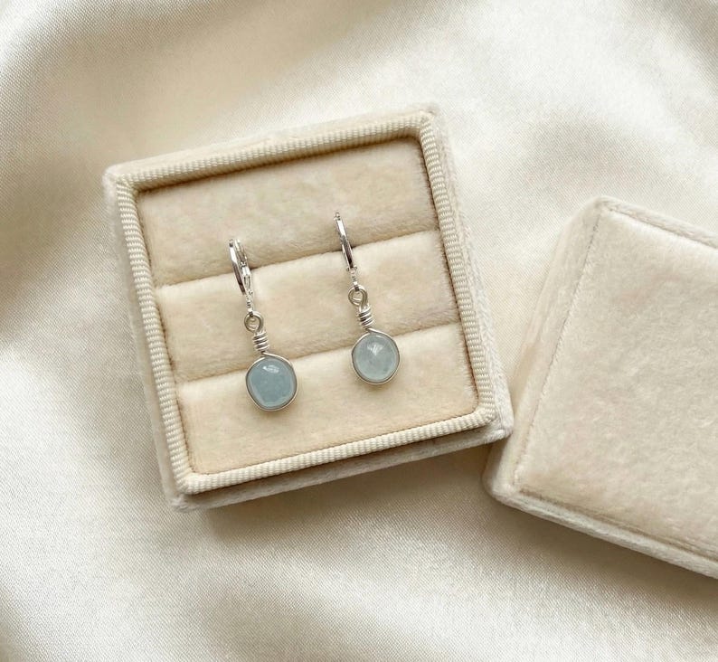 Aquamarine Silver Huggie Hoop Earrings: Dainty March Birthstone Jewelry image 6