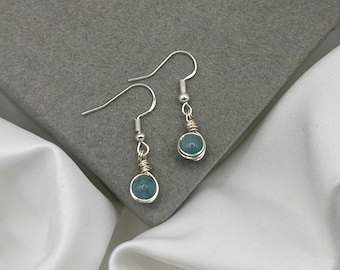 Aquamarine Crystal Earrings Silver Dangle Drop Earring Birthstone March Charm Earrings Tiny Dainty Small Minimalist Mothers Day Gift Pisces