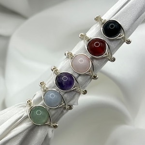 Silver Healing Crystal Rings Dainty Gemstone Wire Wrapped Rings Unique Natural Stone Handmad Jewellery Carnelian Rose Quartz Aventurine