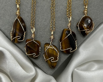 Healing Crystal Necklace Tigers Eye Dainty gold Natural Stone Confidence Gemstone Handmade Hippie Jewellery Natural Stone Pendant