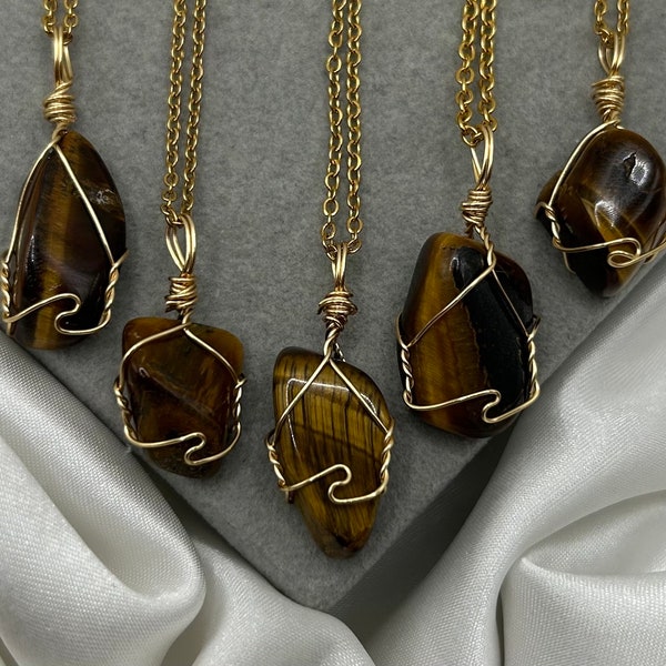 Healing Crystal Necklace Tigers Eye Dainty gold Natural Stone Confidence Gemstone Handmade Hippie Jewellery Natural Stone Pendant