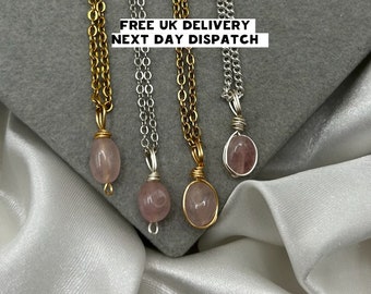 Dainty Crystal Necklace Rose Quartz Pendant Healing Crystal Jewellery Love Healing Spirituality Natural Stone Silver Gold