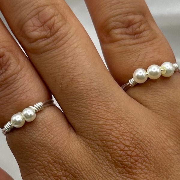 Bagues avec perles fines fil d'argent enveloppé demoiselle d'honneur mariage cadeau de mariée amitié cadeau femme pour elle bague de Noël fait main