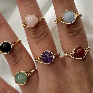 Crystal Ring, Rose Quartz Amethyst Aventurine Carnelian Obsidian Aquamarine, Gold Jewelry, Wire Wrapped Handmade, Birthstone Jewellery