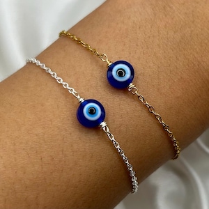Bracelet mauvais oeil argenté doré Bracelet bleu oeil délicat, bijoux faits main résistants à la ternissure, cadeau de Noël cadeau amitié oeil de Hamsa Nazar