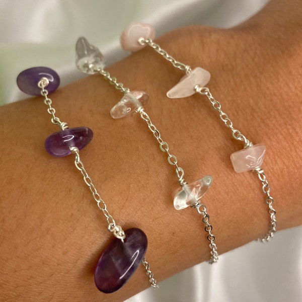 Bracelet en argent guérisseur, cristal véritable, cadeau minimaliste de pierres précieuses pour elle. Pierre de guérison naturelle, améthyste, quartz clair, quartz rose