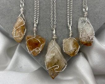 Citrine Crystal Point Necklace, Wire-wrapped Necklaces, Healing Crystal, Natural Gemstone, Silver Plated, Positivity, Abundance, Vitality