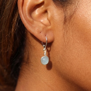 Aquamarine Silver Huggie Hoop Earrings: Dainty March Birthstone Jewelry image 3