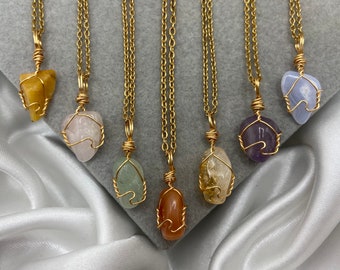 Gold Wire Wrap Crystal Pendant Necklace: Amethyst, Rose Quartz, Aventurine