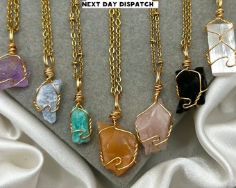 Raw Crystal Necklace: Gold Wire Wrap Pendant, Natural Healing Stone