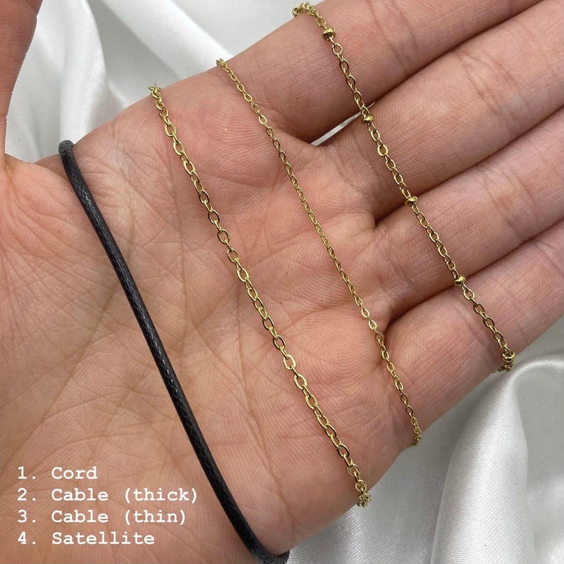 May include: Image showing four necklace chain styles: a black cord, a thick cable chain, a thin cable chain, and a satellite chain. The chains are gold-coloured and displayed against a white background. Text labels each chain style.