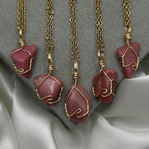 Rhodonite Crystal Necklace Pendant Cord Healing Crystal Wire Wrapped Jewellery Natural Gemstone Handmade Jewelry Stone Unique Pink Crystal