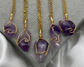 Healing Crystal Necklace Amethyst Point Gold Gemstone Wire Wrapped Handmade Gemstone Jewellery