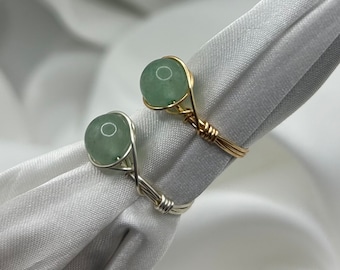 Silver Gold Green Aventurine Crystal Rings Healing Crystal Rings Dainty Gemstone Wire Wrapped Ring Unique Natural Stone Handmade Jewellery