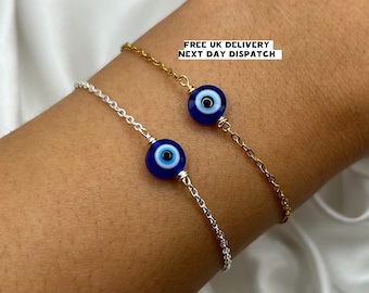 Gold Silver Evil Eye Bracelet Blue Dainty Eye Bracelet, Handmade Jewellery Tarnish Resistant, Christmas Gift Friendship Gift Hamsa Nazar Eye