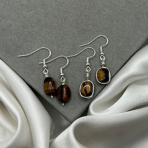 Tigers Eye Healing Crystal Earrings Dangle Drop Raw Crystal Earrings Jewellery Confidence Protection Strength Natural Stone Silver