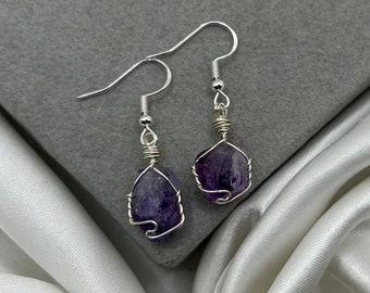 Raw Crystal Amethyst Earrings Silver Rough Point Natural Stone, Healing Crystal Dangle Earring Gemstone Intuition Anti Anxiety Peace Calm