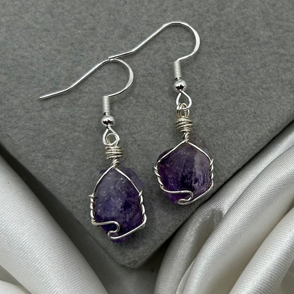 Raw Crystal Amethyst Earrings Silver Rough Point Natural Stone, Healing Crystal Dangle Earring Gemstone Intuition Anti Anxiety Peace Calm