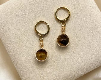 Gold Tiger's Eye Huggie Hoop Earrings, Handmade Crystal Jewelry, Whimsical Jewelry