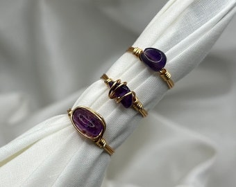 Gold Crystal Ring, Custom Dainty Crystal Wire Wrapped Rings Unique Amethyst Ring Febuary Birthstone Gemstone Jewellery Healing Crystal