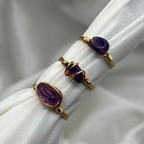 Gold Crystal Ring, Custom Dainty Crystal Wire Wrapped Rings Unique Amethyst Ring Febuary Birthstone Gemstone Jewellery Healing Crystal