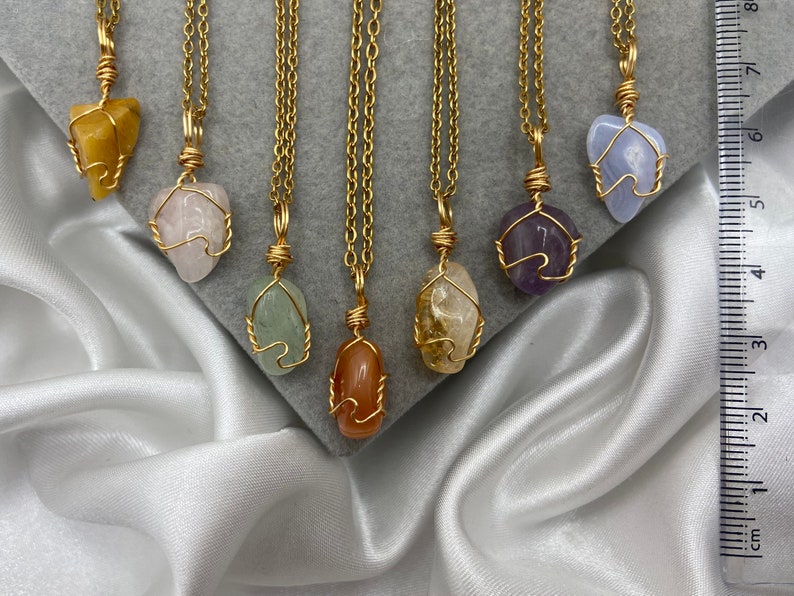Dainty Healing Crystal Necklaces Gold Boho Amethyst Rose Quartz Green Aventurine Blue Lace Agate Citrine Natural Stone Wire Wrap Pendant zdjęcie 3