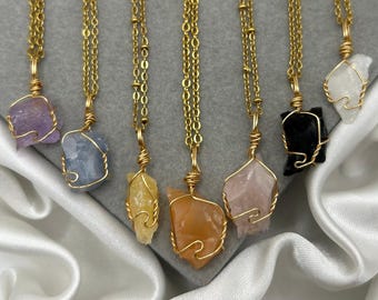 Raw Crystal Necklace: Gold Wire Wrap Pendant, Healing Stone Jewelry