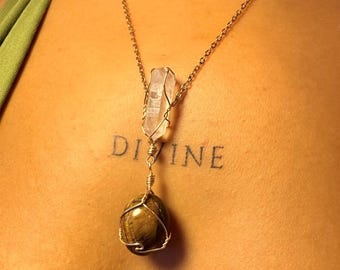 Practical Magic Gilly Owens Inspired Necklace, Clear Quartz & Tiger's Eye Crystal Healing Jewelry Gold Silver
