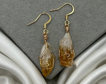 Raw Citrine Crystal Earrings: November Birthstone, Gold Wire Wrapped