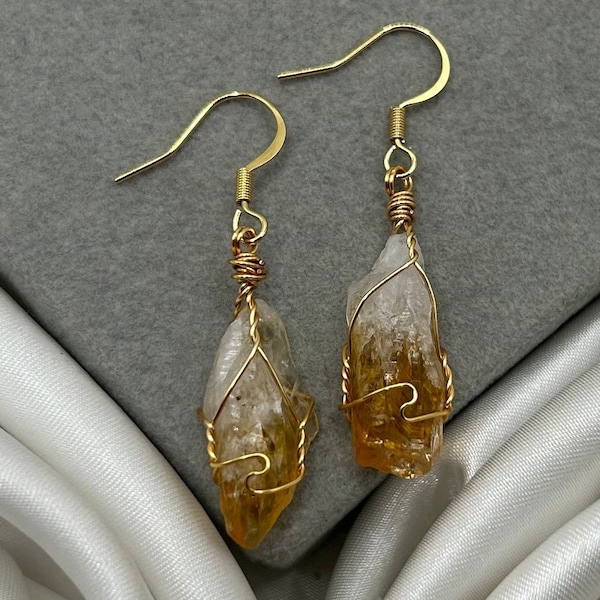 Raw Crystal Earrings Citrine Rough Point Natural Stone, Healing Crystal Dangle Earring, Joy Abundance Gold Stainless Steel
