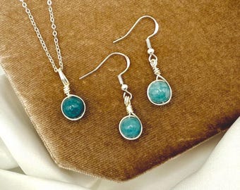 Dainty Aquamarine Necklace Earring Set: Silver Wire Wrapped Gemstone Jewellery
