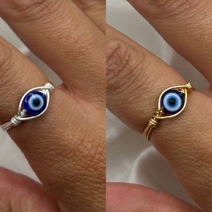 Tiny Evil Eye Ring, Hippie Wire Wrapped Ring, All Seeing Eye, Blue Eye Ring, Silver Gold Evil Eye Jewelry, Nazar Turkish Eye, Boho