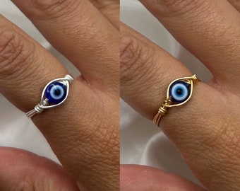 Tiny Evil Eye Ring, Hippie Wire Wrapped Ring, All Seeing Eye, Blue Eye Ring, Silver Gold Evil Eye Jewelry, Nazar Turkish Eye, Boho