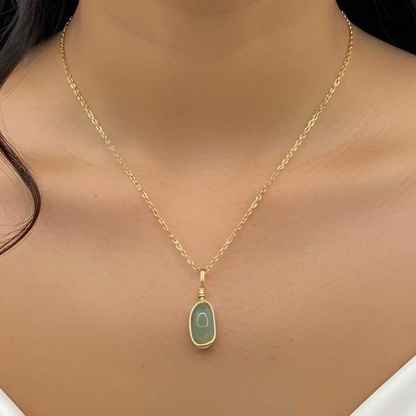 Dainty Green Aventurine Necklace Gold: Wire Wrapped, Healing Crystal Pendant