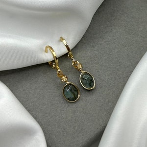 Raw Crystal Emerald Earrings Gold Huggie Hoops Dangle Drop Birthstone May Charm Earrings Tiny Dainty Small Minimalist Mothers Day Gift