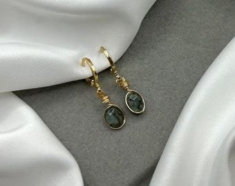 Raw Crystal Emerald Earrings Gold Huggie Hoops Dangle Drop Birthstone May Charm Earrings Tiny Dainty Small Minimalist Mothers Day Gift
