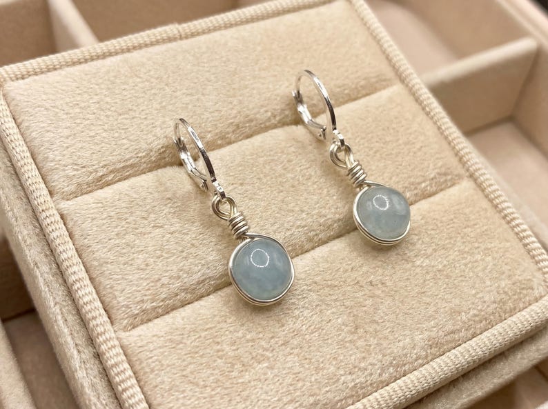 Aquamarine Silver Huggie Hoop Earrings: Dainty March Birthstone Jewelry image 4