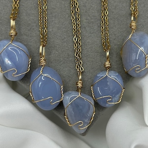 Blue Lace Agate Necklace Gold Healing Crystal Pendant Charm Natural Stone Wire Wrapped Hippie Gemstone Handmade Jewellery  for Her