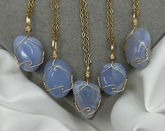 Blue Lace Agate Necklace Gold Healing Crystal Pendant Charm Natural Stone Wire Wrapped Hippie Gemstone Handmade Jewellery Gift for Her