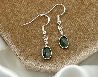 Raw Emerald Crystal Earrings: Silver Dangle Drop, May Birthstone