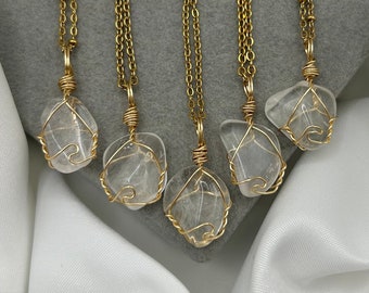 Colliers en cristal de quartz transparent doré délicat, pendentif en cristal de guérison, collier enroulé en pierre naturelle, pierre semi-précieuse faite main